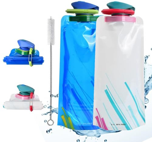 QEEROYO 700ML Bouteilles d'eau Pliable Ensemble, 2 Pièces Bouteille d'eau Pliable, Gourde Souple Bouteille d'eau Portable Réutilisable Ensemble Bouteille d'eau, pour Voyager, Randonnée, Aventures