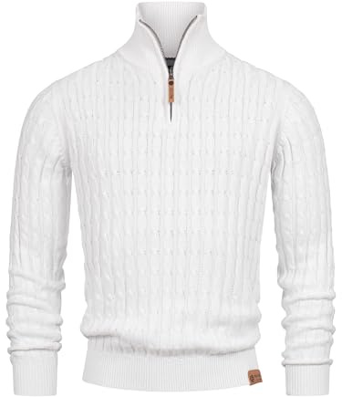 Indicode Herren INHector Strickpullover mit Stehkragen und Reißverschluss | Herren-Pulli Pullover Optical White, L