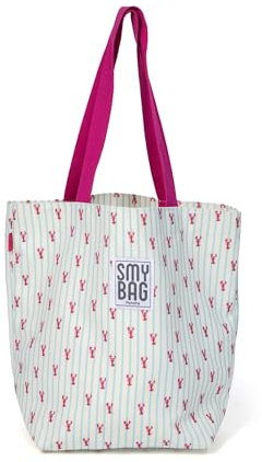 Ponette - Bolsa de Playa Individual Cruda con Rayas Turquesa y Estampado de Langostas Moradas, Asas Moradas, Forro, Bolsillo, Playa, Piscina, Tote, Marca Española