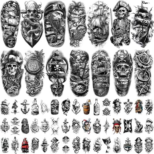 Lot de 77 feuilles de tatouages temporaires pour adultes et enfants - Faux tatouages imperméables - 17 grands et 60 petits autocollants noirs - Motif pirate et tête de mort