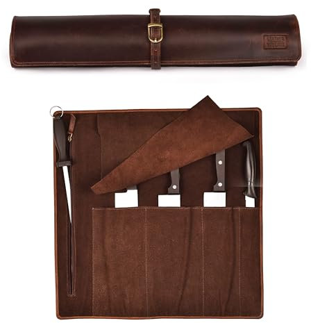 LEATHER VILLAGE Leather Knife Roll, Chef's Cutlery Storage Case & Holder, Travel-Friendly Organizer Bag for Knives & Tools - 17x3.25x3.25, Cherry
