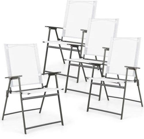 COSTWAY 4er Set Gartenstühle, Hochlehner Klappstühle mit wetterfestem Stoff, Balkonstühle mit Armlehnen, Terrassenstühle bis 150 kg belastbar, für Garten, Terrasse, Balkon (Weiß)