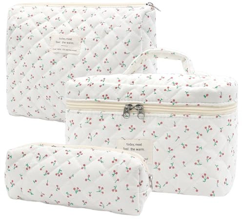 Lot de 3 Trousses de Toilette pour Femme avec Motif Floral - Trousse de Maquillage Portable - Grande Trousse de Toilette pour Femme et Fille - pour Le Quotidien et Les Voyages (Petite Cerise)