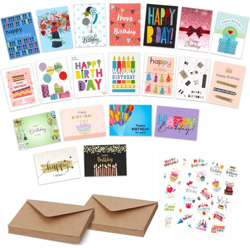 OWill 20 Stück Geburtstagskarten, 20 Designs Geburtstagskarten Packung mit 20 Umschlägen und Aufklebern, für alle Altersgruppen geeignet