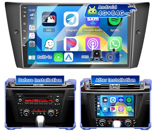 Hikity 4G + 64G Autoradio Android 15 per BMW E90 E92 E93 2005-2011 con Touch Screen da 9 pollici, stereo 2 DIN con Wireless Carplay Android Auto FM/RDS Radio BT GPS WiFi + Telecamera posteriore + MIC