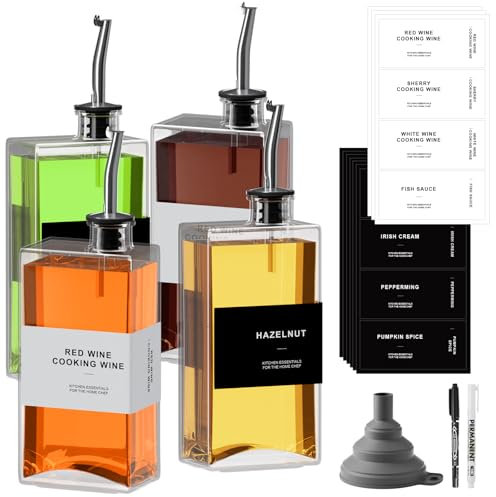 RSWDE Ölflasche Eckig Set,Essig und Ölflaschen Set,4er Olivenöl Flasche 500ml/16,9 oz, Ölspender mit Ausgießer,Kaffee Sirup Spender Glas Set mit Aufkleber