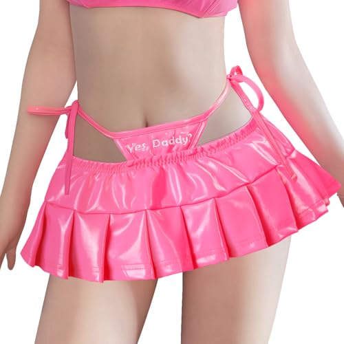 LittleForBig Yes Daddy Y2K Mini jupe pour femme aspect métallique avec bandes de hanche en cuir synthétique, Rose, XXL