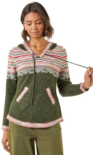 Roman Originals Women Jumper with Hood Ladies Winter Knitted Hoodie with Pockets Fairisle Nordic Aztec Print Hooded Sweater Knit Knitwear Autumn Flattering Casual Smart - Khaki - Size 12