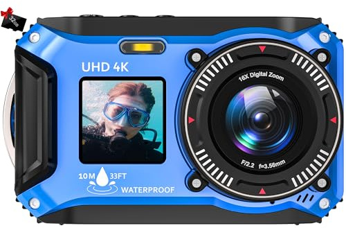 Appareil Photo Numérique Etanche 33FT 4K Video 64MP Autofocus Caméra sous-Marine 16X Digital Zoom Caméra étanche pour la plongée avec Tuba avec Carte 32GB