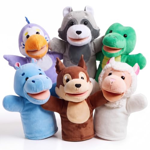 JOYIN 6Pcs Wild Animal Friends Hand Puppet Set with Working Mouth for Imaginative Play, Show Theater, Easter Birthday Party Supplies Gifts for Kid