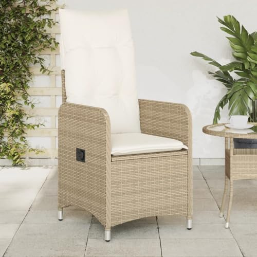 SKTQYQO Gartenstuhl aus Polyrattan mit Kissen in Beige und Cremeweiß, verstellbare Rückenlehne und Fußstütze, Gestell aus pulverbeschichtetem Stahl, widerstandsfähig