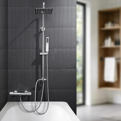 Auralum Colonna Doccia con Miscelatore Termostatico, Colonna Doccia Acciaio Inox con Saliscendi Doccia Altezza Regolabile 72-110cm, Asta Doccia con Soffione Doccia e Doccetta, Gruppo Doccia per Vasca