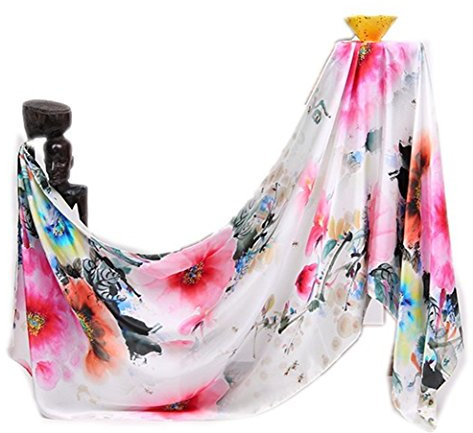 Prettystern Damen Seide Langer Satin Abendkleid Stola Schulter-Tuch Seidenschal China Aquarell mit Pfingstrose - Zsc1004