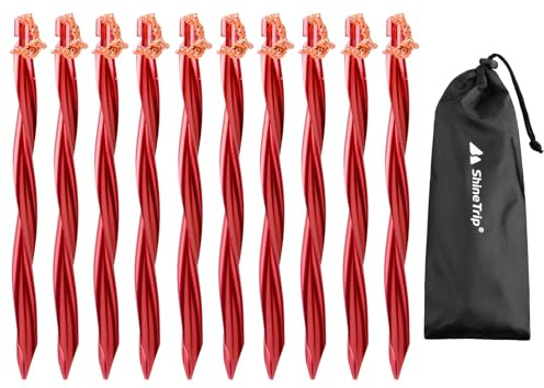 TRIWONDER 10tlg Heringe, Zelt Erdnägel, Zeltheringe, Sandheringe mit Aufbewahrungsbeutel für Camping Outdoor (Rot - Wirbelnde Form - 25cm)
