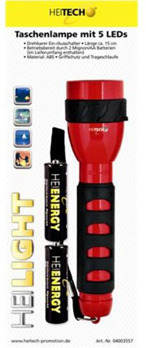 HEITECH Taschenlampe mit 5 LEDs- drehbarer Ein-/Aus-Schalter, inkl. 2 Mignon-Batterien