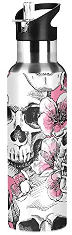 xigua Bouteille d'eau de sport isotherme de 650 ml avec couvercle à paille en acier inoxydable – Bouteilles thermiques étanches – Motif tête de mort abstrait