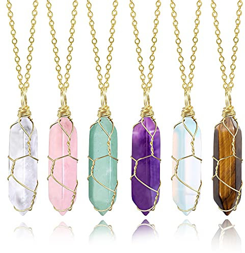 Collier en Cristal de Guérison, 6 Pièces - Pendentif Hexagone en Pierre Gemme, Améthyste Verte, Quartz Rose Or pour Femme