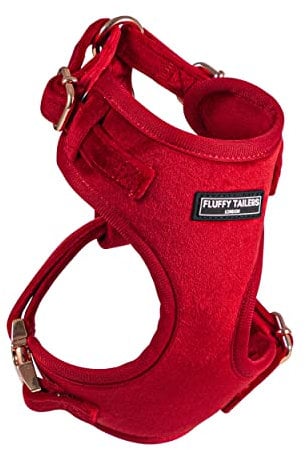 Fluffy Tailers Luxury Red Velvet Small Dog Harness | Fully Adjustable No Pull Puppy Harness with Breathable Padded Chest Strap for Small & Teacup Dogs | Comfortable, Stylish and Safe