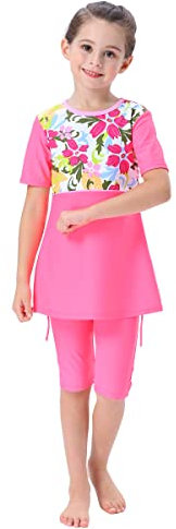 FYMNSI Kinder Mädchen Muslimischen Badeanzug Burkini Modest Islamischen Ganzkörper Full Cover Kurzarm Top Shorts 2er Set Wassersport Surfen Outfit Bademode Schwimmanzug Muslim Swimwear Rose 7-8 Jahre