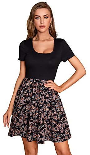 GORGLITTER Women's Floral Print Dress Short Sleeve Flare A Line Mini Dress Scoop Neck Swing Summer Dresses Black XL