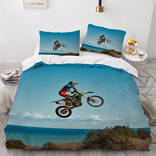 OENISE Bettwäsche 135x200 Motorrad 3D Bettwäsche Set 3teilig für Kinder Jungen Mädchen Extremsport 100% Mikrofaser Weich Teenager Bettbezug mit Reißverschluss und 2 Kissenbezüge 80x80 Sommer