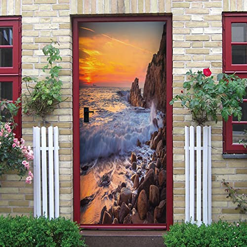 Tür tapeten 3d selbstklebend Sonnenuntergang Wasserfall Türtapete Wandbild Selbstklebend PVC Wasserdicht Abnehmbar Türfolie TürPoster Fototapete Wohnzimmer Schlafzimmer küche bad büro B90 x H200cm