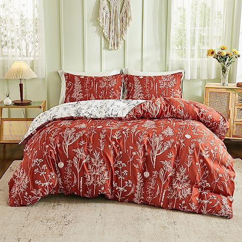 Herside Plants Duvet Cover Set Terracotta Bedding Orange Leaf Branches Reversible Pastoral Style Bedding Set Super King with 2 Pillowcases (Burnt Orange, Super King)