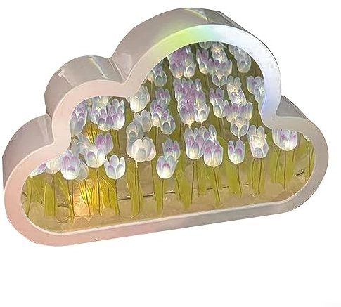 HpLive Blumen Wolke Spiegel Tulpe Lampe, DIY Wolke Tulpe LED Nachtlicht Spiegel Tischlampen Schlafzimmer Ornamente Dekoration (lila)