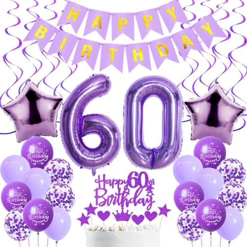 Luftballons 60. Geburtstag Frau Deko, Lila 60. Geburtstag Party Deko, Geburtstagsdeko 60 Jahre Frauen Lila, 60. Geburtstag Dekoration Frau, Lila 60. Tortendeko Geburtstag,60. Ballon Lila