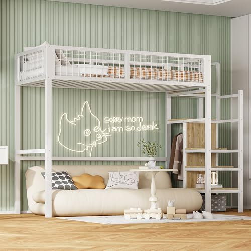 Moimhear Hochbett 90x200cm Eisenbett mit Leiter, Kinderbett mit Eisenrahmen und Aufbewahrungsregal, Kleiderschrank (Weiß)
