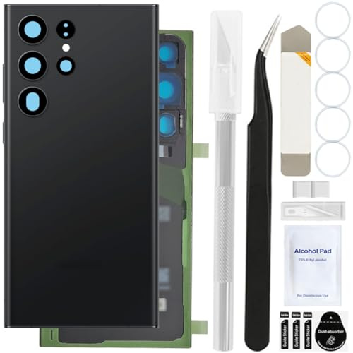 ZHUROUPU 14 Pcs Rear Back Cover Glass Replacement Cover Housing Door Panel with Pre-Installed Camera Lens and Tape, Repair Tool Kit included, for for Galaxy S23 Ultra (Black Gray)