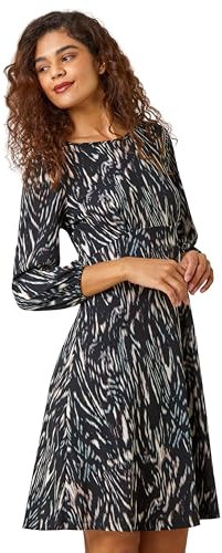 Roman Originals Women Gathered Chest Dress Ladies Stretchy Fit & Flare Swing Tea A Line Skater Knee Length Long Sleeve Midi Smart Casual Work Going Out Cocktail Party - Black Cream - Size 18