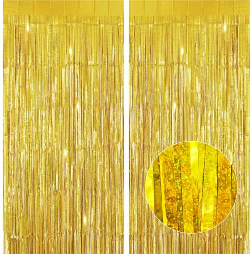 Lericttor 2Pcs 3.3ft x 8.2ft Tinsel Curtains Gold Glitter Foil Fringe Curtain Backdrop Streamers, Metallic Tinsel Foil Curtains Background Streamers for Wedding Baby Shower Birthday Party Decorations