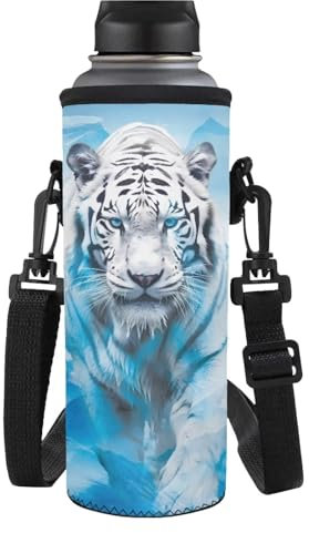 HUGS IDEA Borsa termica in neoprene per bottiglia d'acqua con tracolla, Tigre bianca 3D, L, Organizer per borse