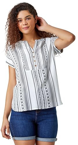 Roman Originals Floral Print V-Neck Top for Women UK - Ladies Everyday Holiday Spring Summer V-Neckline Comfy Soft Evening Vacation Work Party - Nior & Ivory - Size 18