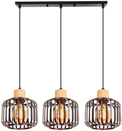 iDEGU 3 Luces Lámpara Colgante Vintage Lámpara de Techo en Madera y Metal Industrial Araña Colgante Diseño Jaula E27 Iluminación de Techo para Cocina Comedor Sala de Estar Restaurante (Barra, Negro)