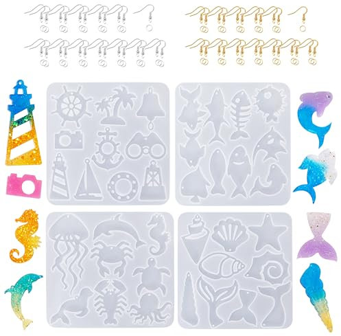 Attuslla 4 Stück Ohrringe Epoxidharzform, Marinestil Ohrring Resin Harz Formen, Ohrring Schmuck Anhänger Silikonform mit Ohrhaken, Biegeringen für Ohrringe, Halsketten, Anhänger
