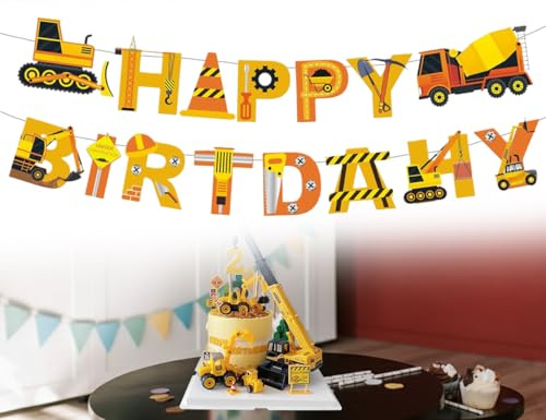 Lhbwhiz Baustelle Happy Birthday Girlande,Hängende Geburtstagsgirlande,Kindergeburtstag Banner,Geburtstagsdeko Hängekette,DIY Partykette mit Bagger Fahrzeuge Laster Kran Betonmischer,für Themenparty