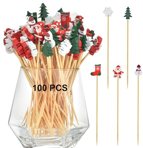 ALINK 100 Stück Weihnachts Cocktailspieße,Holzspieße für Fingerfood,12 cm Schneemann Cocktailspieße, Obstspieße Bambusspießchen für Weihnachtsstrümpfe,Fruchtspießchen