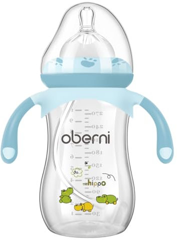 Oberni Weighted Baby Bottles with Size 4 Fast Flow Breast-Like Teat for 12 Months Plus / 1 Year Old Newborn Babies, 270ml/9oz, Non-Slip Handles, Anti-Colic, Blue/1 Pack