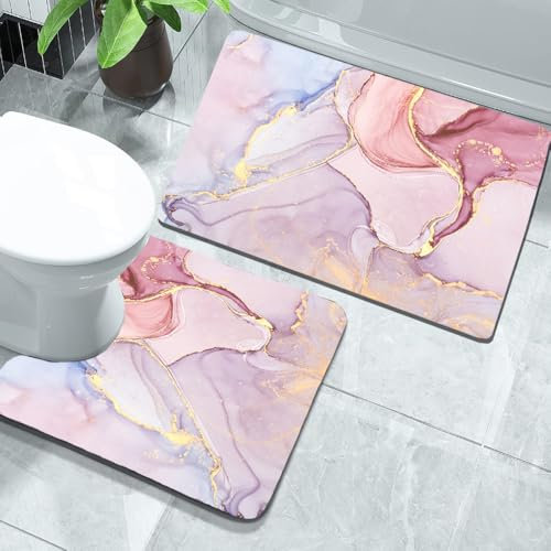 Ensemble de 2 tapis de bain rose antidérapant avec absorption rapide de l'eau et dos en caoutchouc, tapis de douche, tapis de douche lavable + tapis contour WC, motif marbre rose