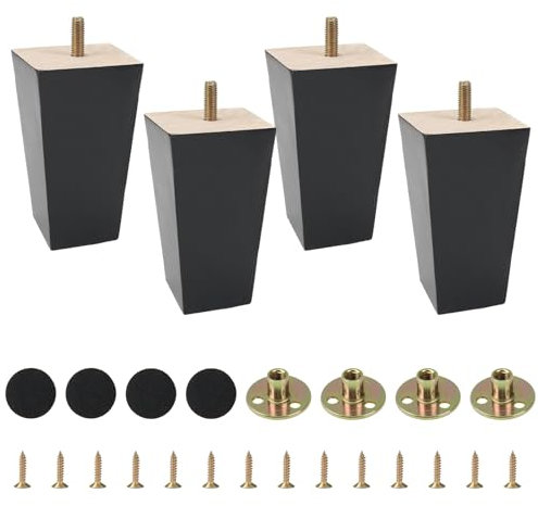 KINDPMA 4PCS Solid Wood Furniture Legs 12cm Wooden Sofa Legs Chair Legs Black Furniture Replacement Feet with Mounting Plates Screws Non-Slip Mat for Chair Bed Couch Table TV Cabinet
