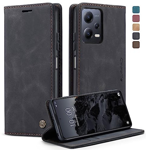 owlhold Hülle Xiaomi Redmi Note 12 Pro 5G Klapphülle Premium Lederhülle Weiches Vintage-Nubukleder Faltbare Ständer Schutzhülle Kartenfach Handyhülle Redmi Note 12 Pro 5G/Poco X5 Pro 5G -Schwarz