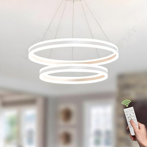 LAMPLAY Runde Moderne LED-Pendelleuchte, 2 Weiß Ring-Kronleuchter, Dimmbar Mit Fernbedienung 3000K-6000K Deckenleuchte, Höhenverstellbar, Foyer, Wohnzimmer, Schlafzimmer, Esszimmer(Ø40+60cm)