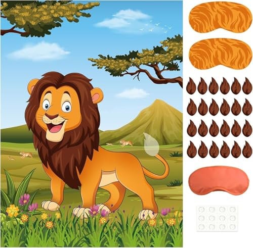 PLULON Pin The Tail on The Lion Party Game Kids Lion Games Poster with Tail Stickers for for Lion Party Favors Boys Birthday Party Supplies Party Decorations