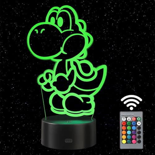 HooJtny Yoshi Lámpara Super Mario, Yoshi 3D Luz Nocturna para Niños, Super Mario Party Jamboree, 16 Colores USB Recargable con Mando a Distancia, Regalo para Niños