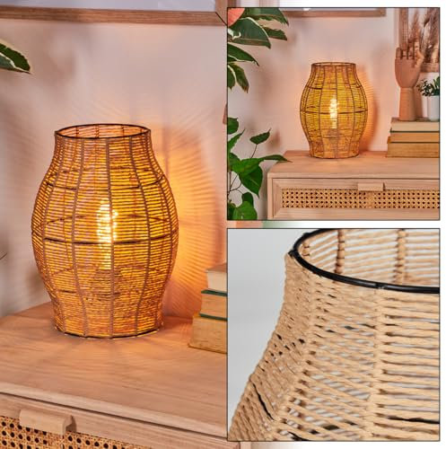 HOFSTEIN Tischleuchte Cardeira, Tischlampe aus Metall/Bast in Schwarz/Naturfarben im Retro/Vintage/Boho-Design, Höhe 30 cm, Schalter am Kabel, E27, Lichteffekt, Wohnzimmer, Schlafzimmer, Flur, Büro