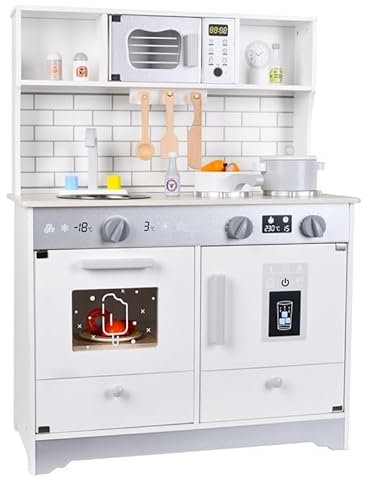 Spielküche aus Holz, Kinderküche mit Mikrowelle, Spülbecken, Kochfeld und Zubehör