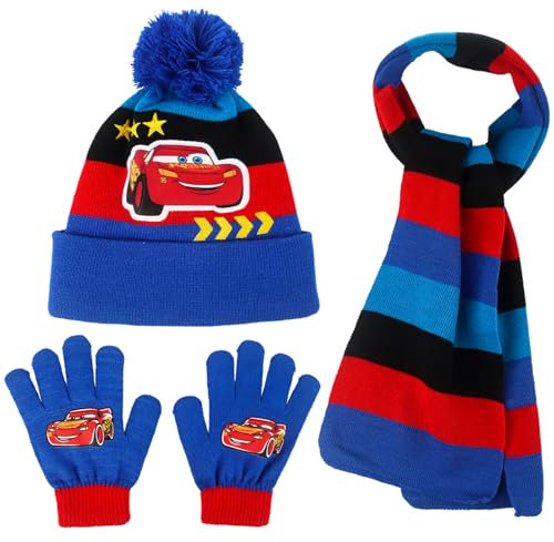 JWTRSVTY Lightning Cars Kinder Winter Set, 3 Stück Lightning Auto Mütze Schal Handschuhe, Cartoon Mccqueen Winter Kinder Set, für Mädchen Jungen McQueen Car Themen Geschenke