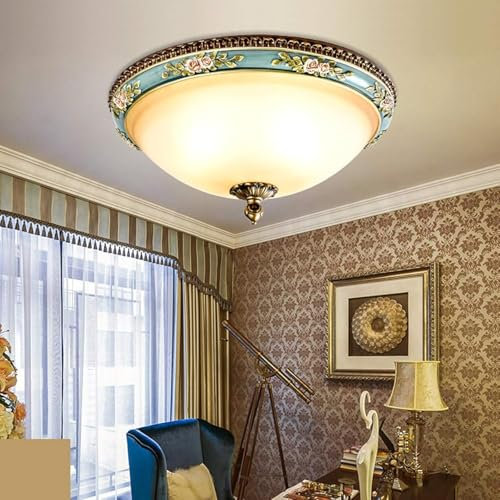 Klassisch Antik LED Deckenleuchte Runde Vintage Schlafzimmer Lampe Deckenlampe Europäischer Rustikale Harz Blumen Dekoration Glas-Schirm Deckenbeleuchtung für Wohnzimmer Esszimmer Küche Badzimmer 40cm